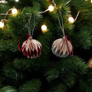 Set of 2 Sheet Music Paper Accordion Christmas Ornaments Red Silver Glitter 3in